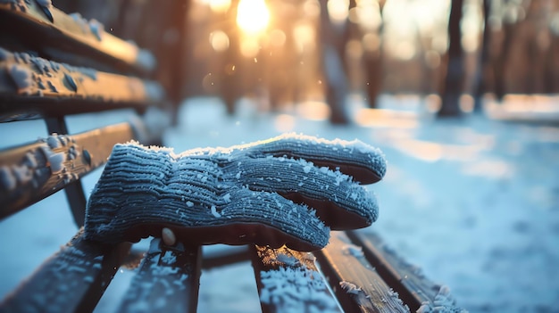 Un guante solitario se sienta en un banco del parque en un frío día de invierno el sol se está poniendo proyectando una larga sombra sobre el guante