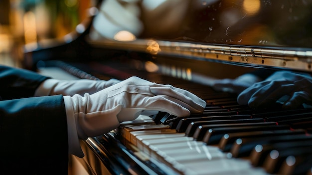Los guantes blancos de un hombre se deslizan sobre las teclas de un piano de cola señalando el comienzo de una hermosa aria