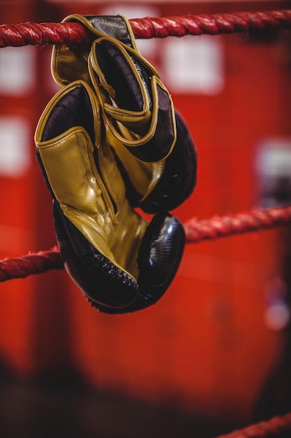 Guantes de boxeo amarillos colgando del ring de boxeo