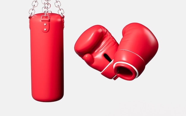Guantes de boxeo de dibujos animados y bolsa de boxe o renderizado en 3D