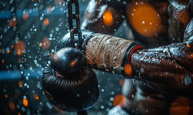 guantes de boxeo con un guante en una cuerda en la nieve