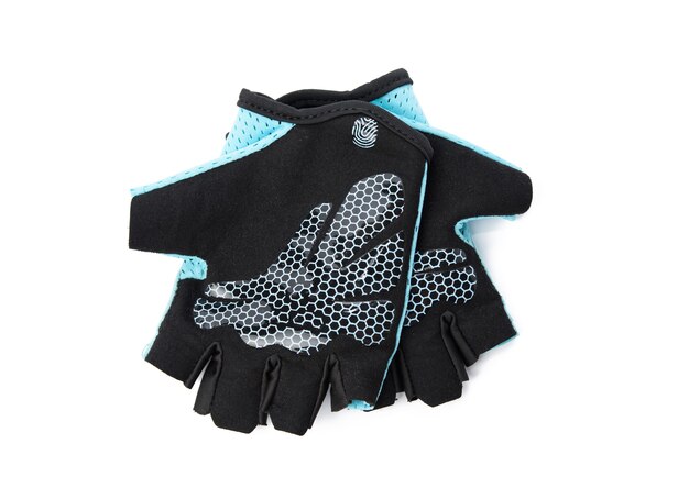 Guantes deportivos textiles azules para entrenamiento físico y ciclismo aislado en superficie blanca