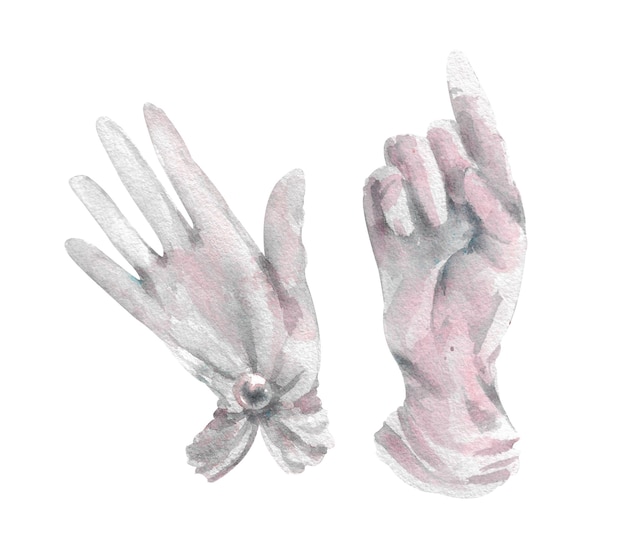 Guantes de encaje vintage para mujeres con alfiler de perla con ilustración dibujada a mano sobre fondo blanco