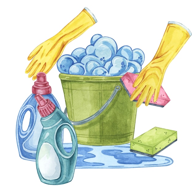 Guantes de goma de cubo, solución de limpieza o botella de detergente Ilustración en acuarela de utensilios de limpia domésticos Clipart para el mantenimiento del hogar