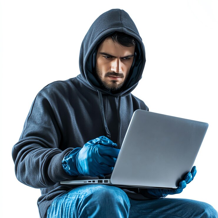 Foto con guantes y un hacker de portátil