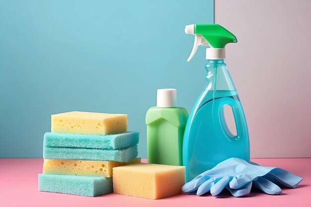 Foto guantes de limpieza de esponjas verdes y botella de detergente en fondo de color