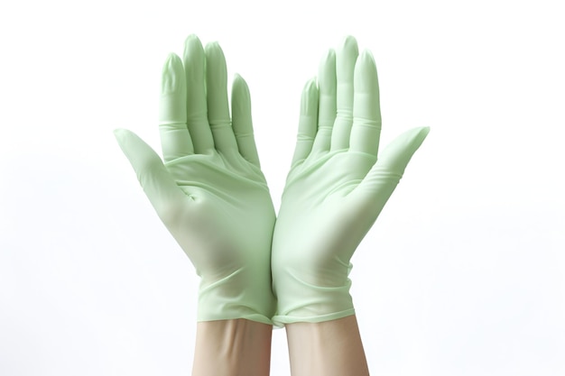 Guantes médicos Dos guantes verdes aislados sobre un fondo blanco con las manos