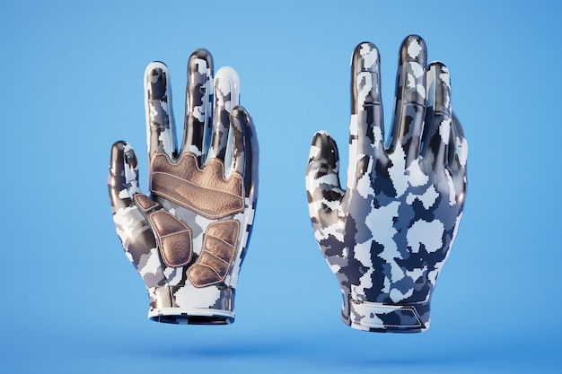 Guantes protectores de camuflaje aislados sobre fondo azul 3d render