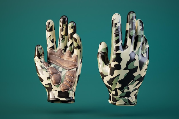 Guantes protectores de camuflaje aislados sobre fondo verde 3d render