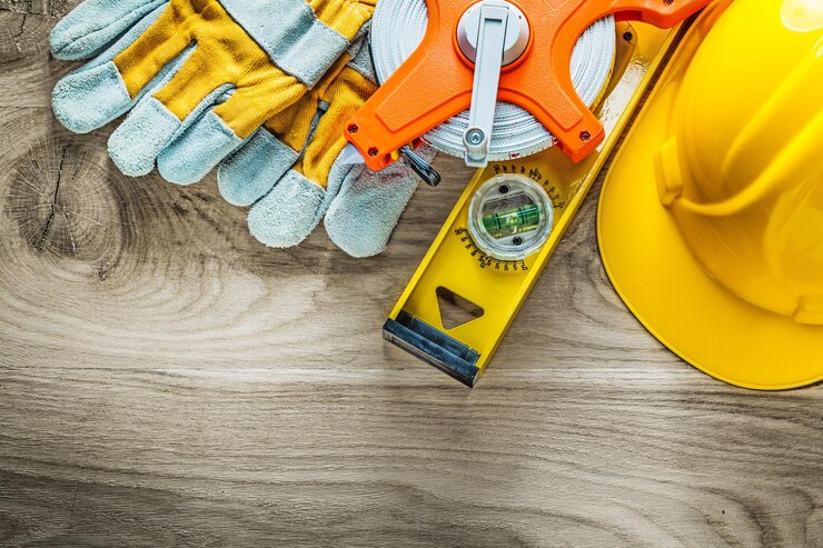 Foto guantes protectores de nivel de construcción cinta métrica casco sobre tabla de madera