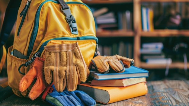 Guantes de trabajo vacíos junto a una mochila que destaca el valor de la educación sobre el trabajo en el Día Mundial contra el Trabajo Infantil