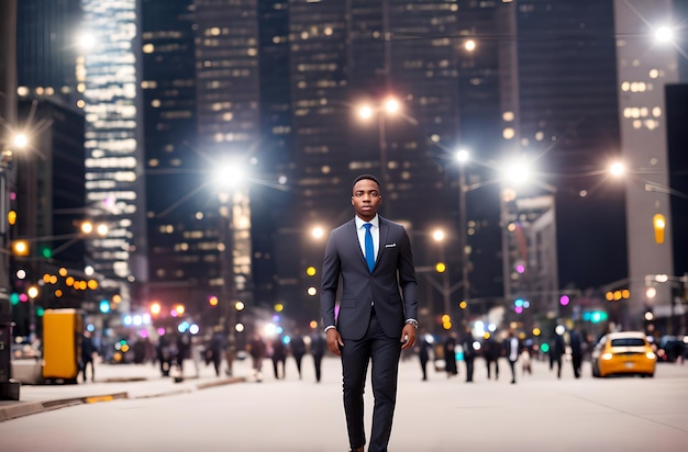 Guapo afroamericano en traje de negocios en el fondo del elegante hombre negro metropolitano en estilo clásico en el centro de la IA generativa