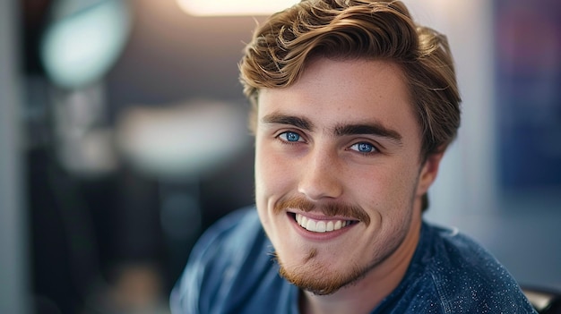 El guapo barbero sonriente en la foto de la cabeza