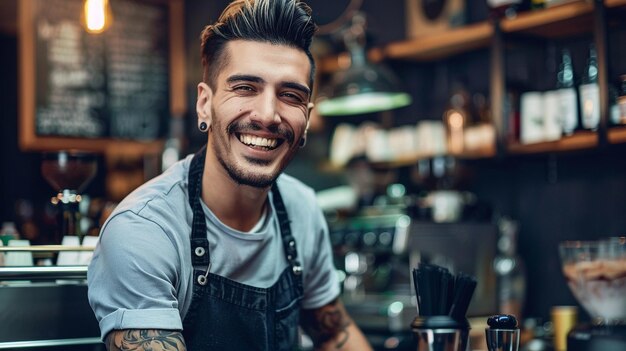 El guapo barista sonriente en la foto de la cabeza