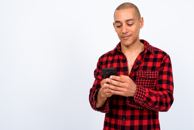 Foto guapo, calvo, hipster, hombre, llevando, rojo, cuadros, camisa, blanco