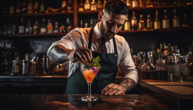 Un guapo camarero mezclando whisky vertiendo frescura sosteniendo un vaso sonriendo generado por IA