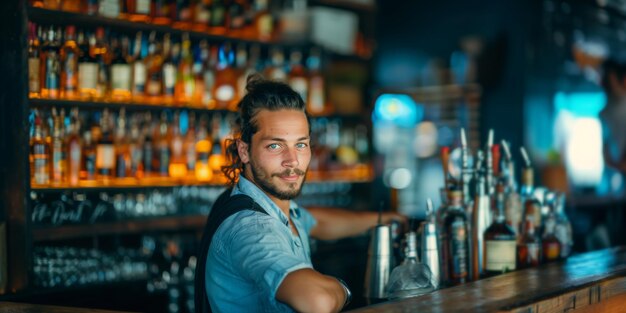 El guapo camarero de pie en el mostrador de la barra