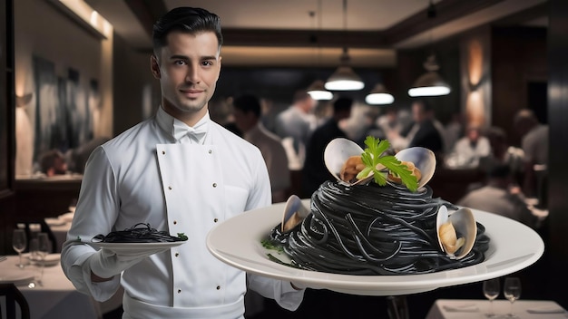 Foto el guapo camarero sostiene un plato de espagueti de tinta de calamar