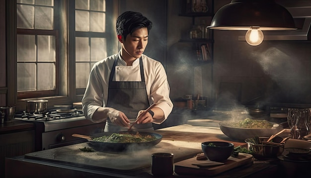 un guapo chef coreano preparando comida en una cocina