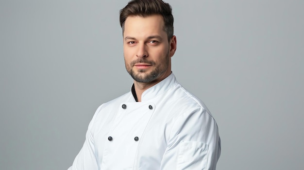 Foto un guapo chef con un uniforme blanco está mirando a la cámara con una sonrisa confiada tiene barba y su cabello está bien peinado
