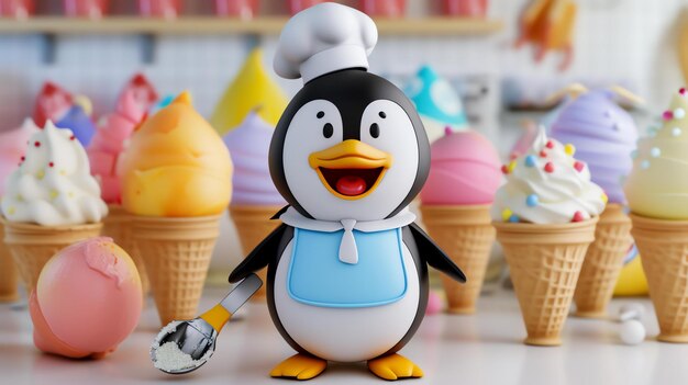 Foto un guapo cocinero pingüino está de pie en una heladería lleva un sombrero blanco de cocinero y un delantal azul