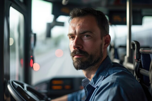 Foto guapo conductor de autobús en el transporte público urbano