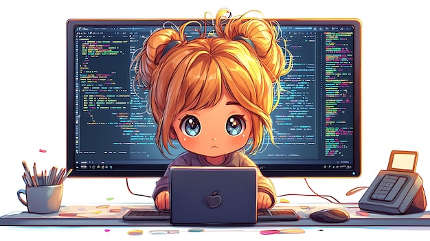 El guapo desarrollador de Chibi trabajando en la computadora