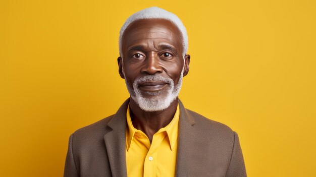 El guapo y elegante anciano afroamericano en un estandarte de fondo amarillo en primer plano copia el espacio Adve