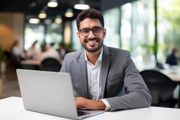 Guapo empresario latino trabajando con computadora Gerente masculino trabaja en oficina moderna