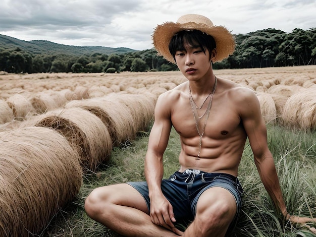 El guapo granjero asiático con las colmenas en los campos se relaja