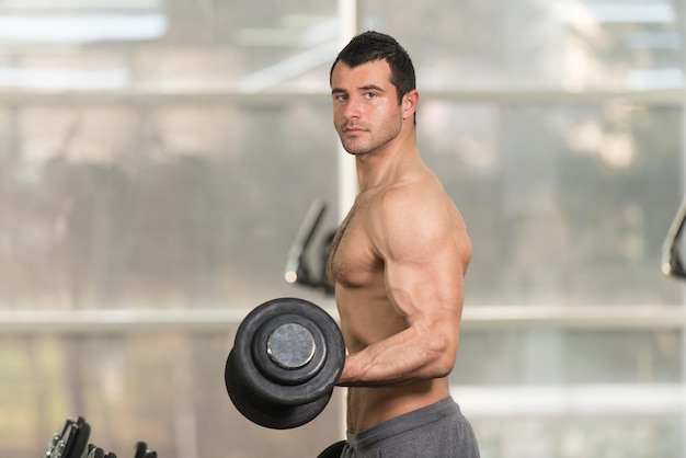 Guapo hombre peludo trabajando bíceps en un gimnasio rizos de concentración de mancuernas de gimnasio