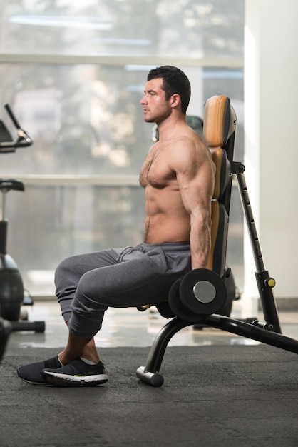 Guapo hombre peludo trabajando bíceps en un gimnasio rizos de concentración de mancuernas de gimnasio