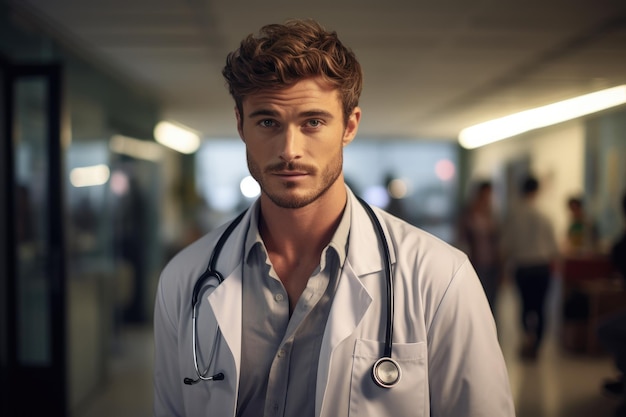 Guapo médico masculino en una bata médica se encuentra en el profesional médico del día del trabajo del hospital