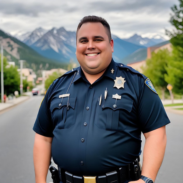 Guapo oficial de policía sonriendo con fondo de naturaleza