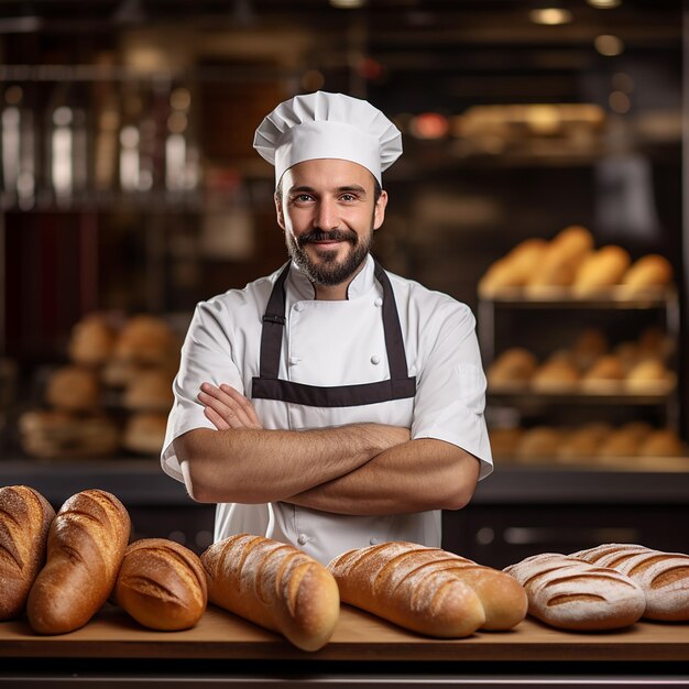 Foto guapo panadero en uniforme sosteniendo baguettes con estantes de pan en el fondo