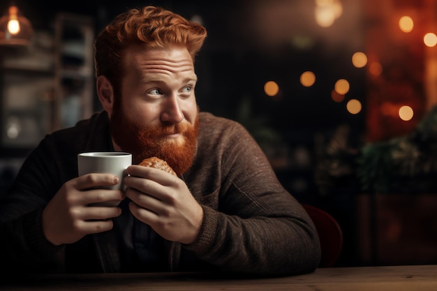 El guapo pelirrojo barbudo bebiendo café en una encantadora cafetería