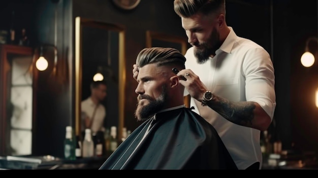 Guapo peluquero cortando el cabello de un cliente masculino Peluquero sirviendo a un cliente en la barbería