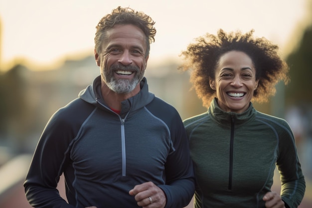 Guapo POC de mediana edad, raza mixta, pareja afroamericana y latinoamericana trotando por la mañana disfrutando de la vida Salud mental, trabajo, vida, equilibrio, actividad deportiva, concepto, AI, contenido generado