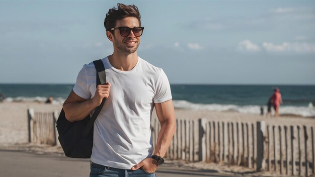 Guapo sonriente hipster cordero modelo sexual hombre elegante vestido con camiseta blanca y vaqueros moda m