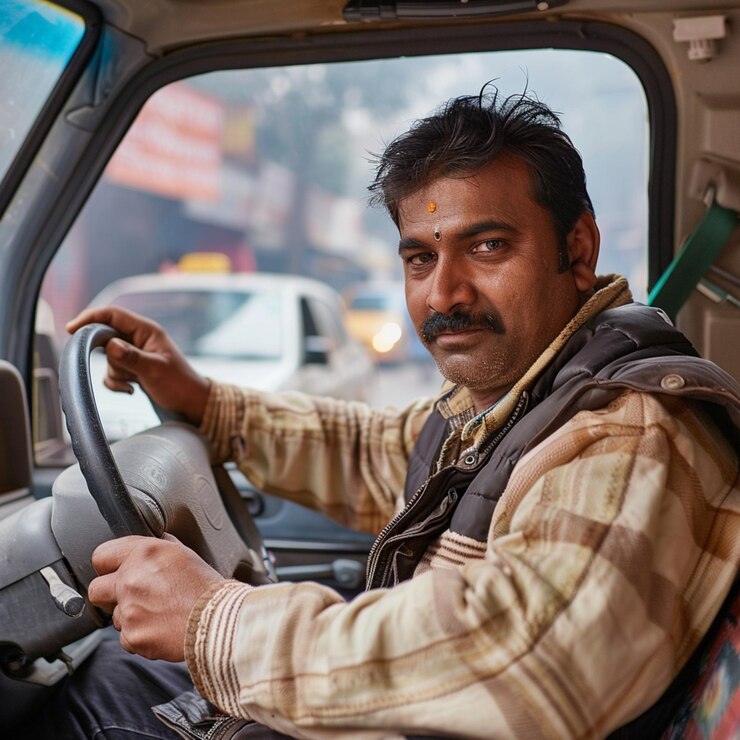 Guapo taxista en coche en la calle de la ciudad