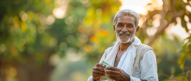 Guapo trabajador agrícola en pijama de kurta blanco sosteniendo billetes de cincocientos rupias concepto financiero de granjero indio de mediana edad sonriendo y mostrando sus ingresos mensuales