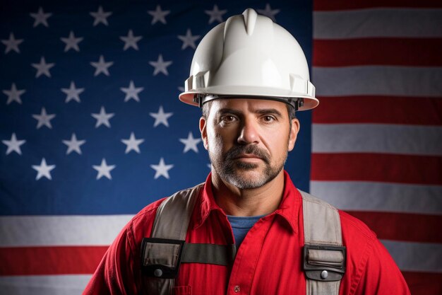 Un guapo trabajador de la construcción profesional contra el concepto de la bandera de los Estados Unidos para el Día del Trabajo