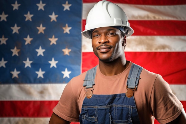 Un guapo trabajador profesional de la construcción afroamericano con casco de seguridad contra la bandera de los Estados Unidos