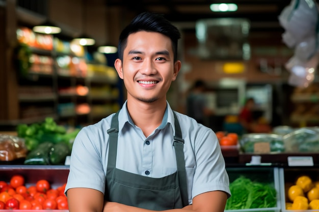 Un guapo trabajador de supermercado en un fondo de verduras y frutas frescas