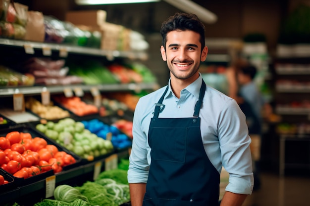 Un guapo trabajador de supermercado en un fondo de verduras y frutas frescas