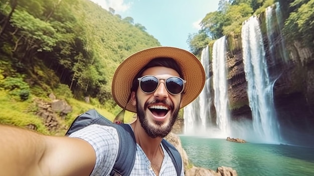 Guapo turista visitando el parque nacional tomándose una foto selfie frente a la cascada