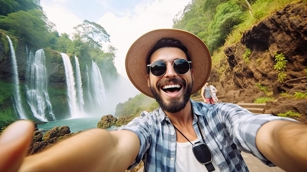 Guapo turista visitando el parque nacional tomándose una foto selfie frente a la cascada