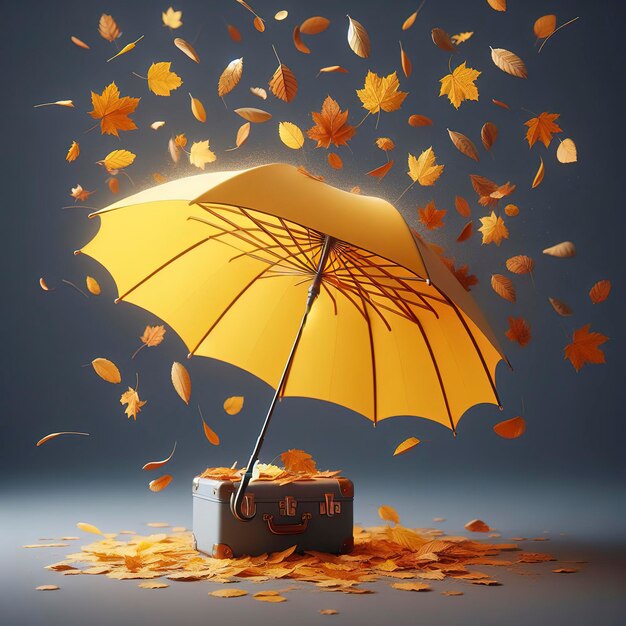 guarda-chuva amarelo com folhas secas caindo de dentro em fundo cinza