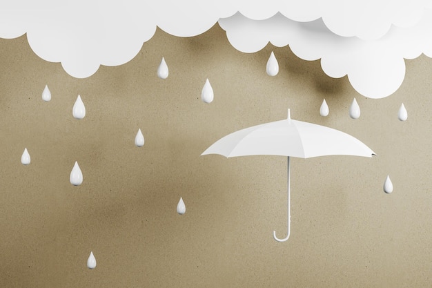 Guarda-chuva branco elegante com nuvens brancas e gotas de chuva brilhante no conceito de proteção e segurança de negócios de fundo bege abstrato