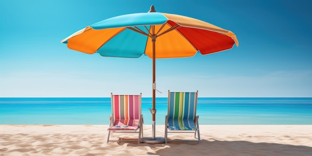 Guarda-chuva colorido com cadeiras de praia no fundo do céu azul de praia tropical Generative AI